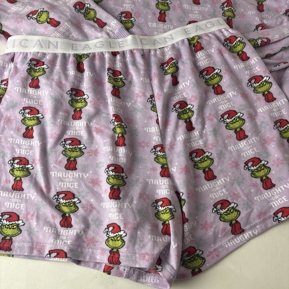 American Eagle Grinch Santa Pajama Set XL Top & Shorts AE Lounge naughty or nice - Picture 12 of 13